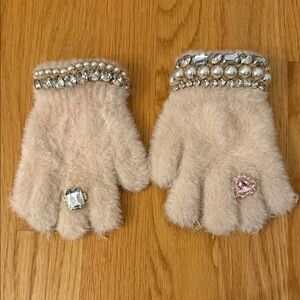 Fuzzy pale pink Gloves with Gem Accents
